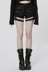Black Faux Leather Stitching Mesh Buckles Women's Steampunk Shorts - Black - 1