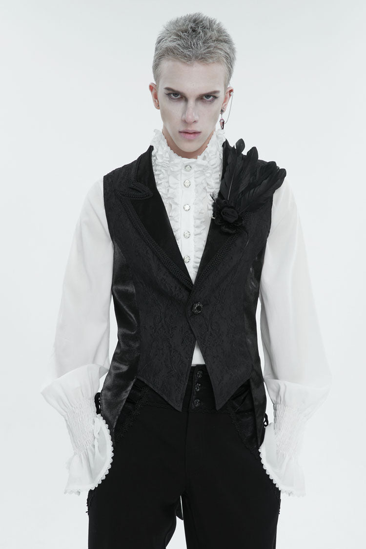 Black Vintage Dark Pattern Men's Gothic Vest With Brooch - Product - 2