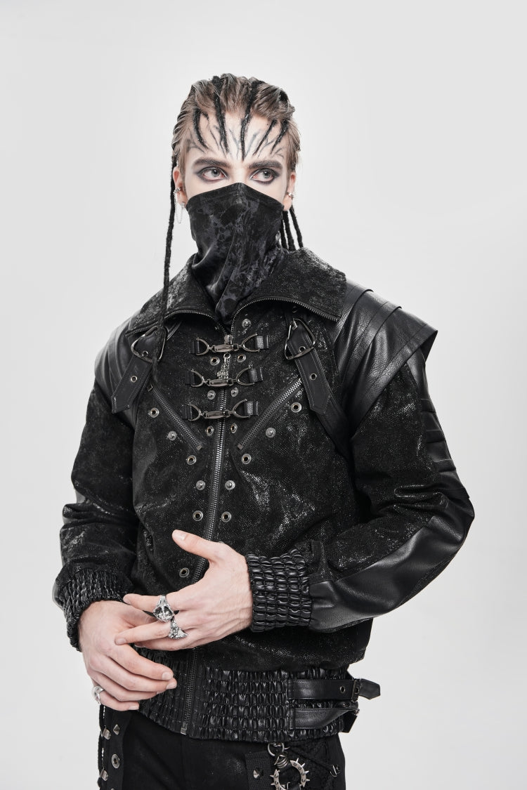 Black Faux Leather Stitching Buckle Zipper Straps Men's Punk Coat - Product - 3