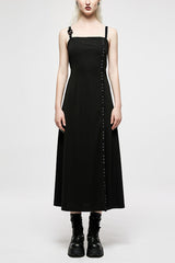 Black Slim Women's Metal Button Side Slit Maxi Slip Punk Dress - Black - 1