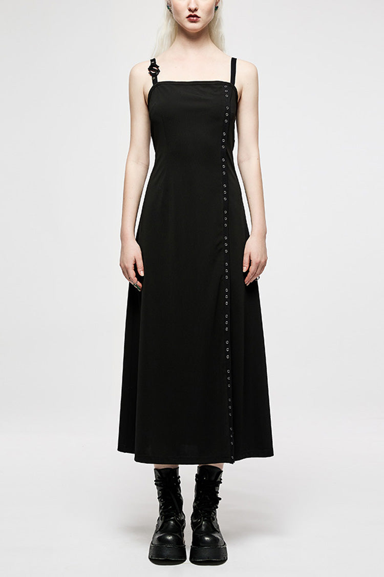 Black Slim Women's Metal Button Side Slit Maxi Slip Punk Dress - Black - 1