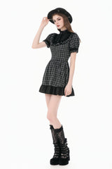 Black/White Plaid Stand Collar Short Puff Sleeves Ruffled  Lace Lace-Up Women's Lolita Gothic Dress - Product - 11