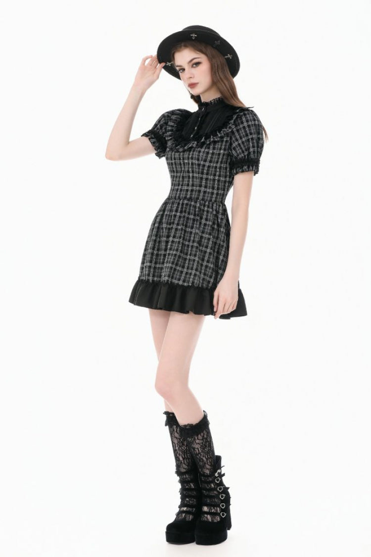 Black/White Plaid Stand Collar Short Puff Sleeves Ruffled  Lace Lace-Up Women's Lolita Gothic Dress - Product - 11