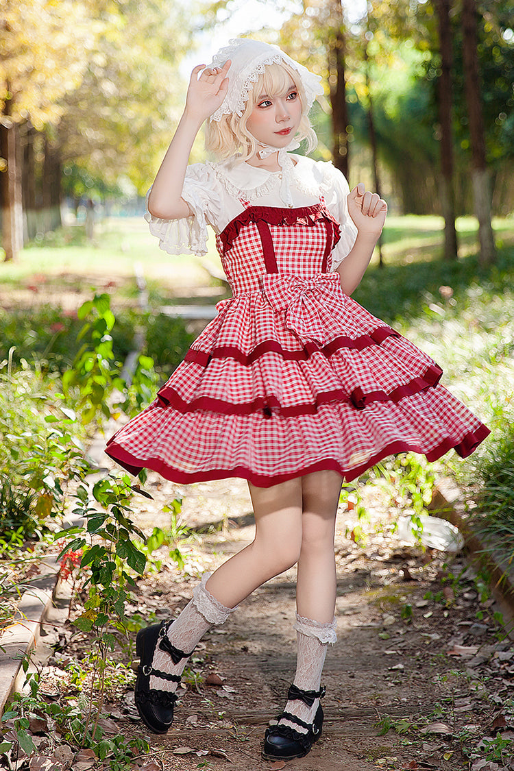 Red [Cloth Cat] Triple-Layered Plaid Print Ruffle Bowknot Sweet Lolita Dress - Product - 2