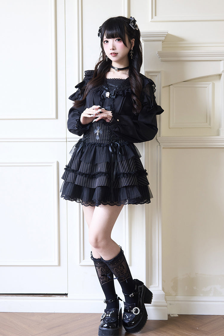 Jirai Kei Navy Collar Long Sleeves Bowknot Lace Sweet Japanese Blouse 3 Colors - Product - 14