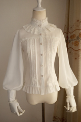 Vintage Princess Stand Collar Long Sleeved Chiffon Lace Lolita Blouse - White - 1