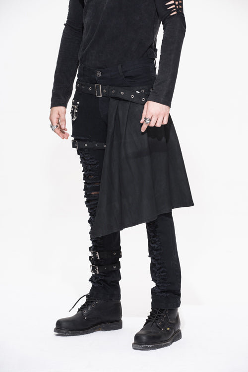 Black Adjusted Loops Punk Rock Holes Ripped Mens Pants Collocation Skirt - Product - 2