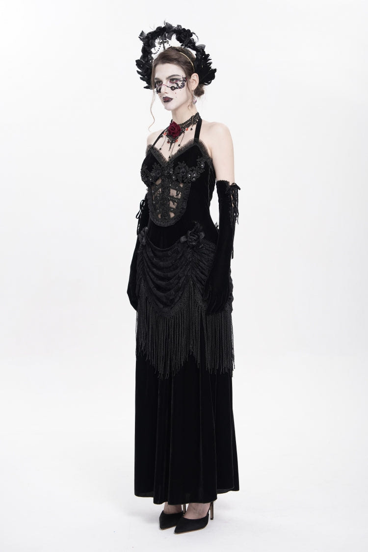 Black Sleeveless Hollow Floral Embroidery Lace-Up Pleated Women's Gothic Maxi Dress - Product - 3