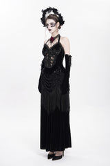 Black Sleeveless Hollow Floral Embroidery Lace-Up Pleated Women's Gothic Maxi Dress - Product - 3