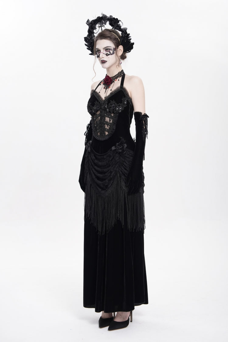 Black Sleeveless Hollow Floral Embroidery Lace-Up Pleated Women's Gothic Maxi Dress - Product - 3