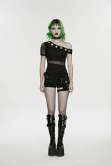 Black Off Shoulder Short Sleeves Slim Mesh Asymmetric Eyelet Women's Punk Cool Blouse - Product - 2