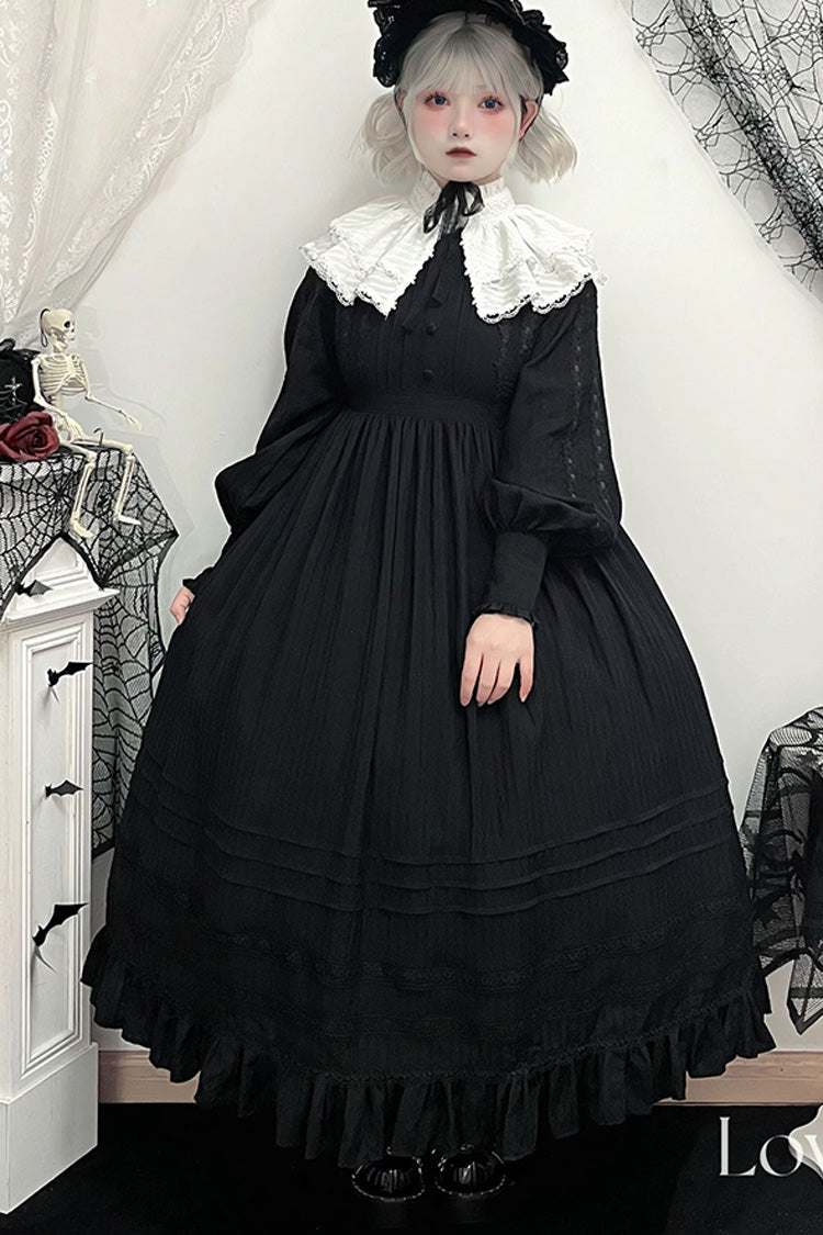 Black/White [Quiet Place] Long Sleeves Jacquard Ruffle Embroidery Bowknot Gothic Lolita Dress - Product - 4