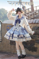 Blue/Ivory [Ride the Wind and Waves] Double-Layered Printed Ruffled Bow Lace Sweet Lolita Jsk Dress Set (Coat Included) - Product - 4