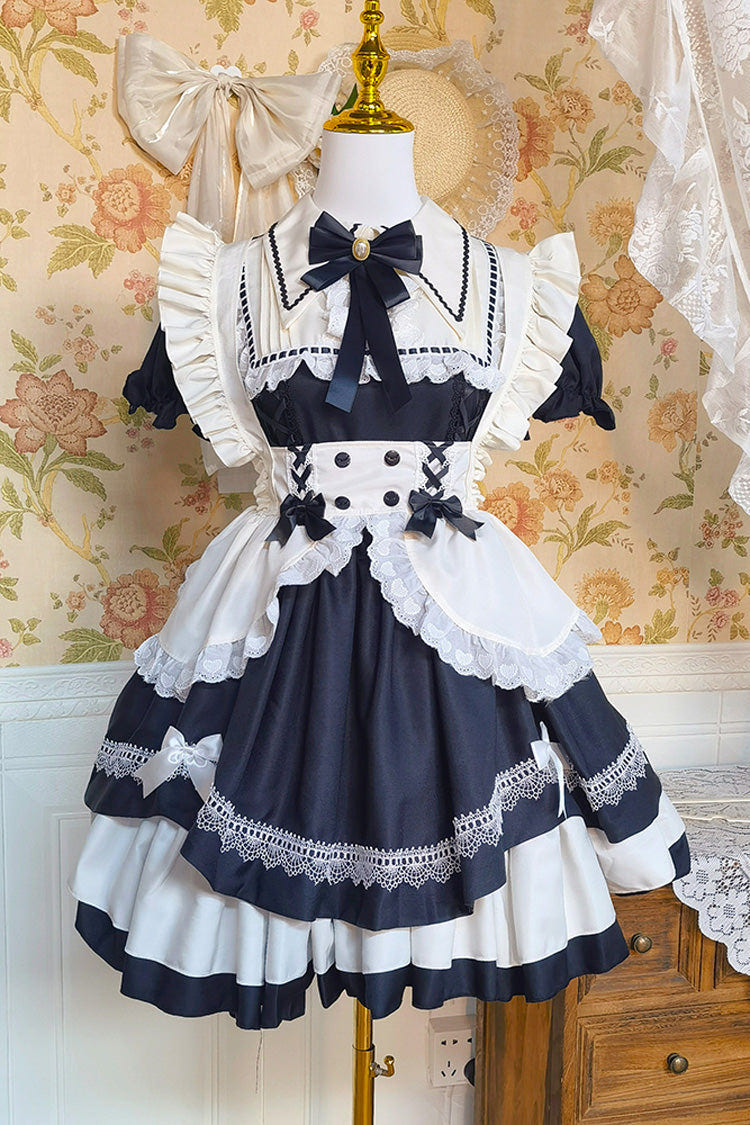 Black/White Short Sleeves Triple-Layered Ruffle Bowknot Lace Sweet Plus Size Maid Lolita Dress Set - Product - 2