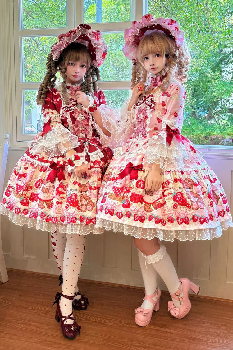 Red/Pink [Sweet Berry Bunny Bear] Half Sleeves Printed Bow Lace Lace-Up Sweet Lolita OP Dress - Red/Pink - 1