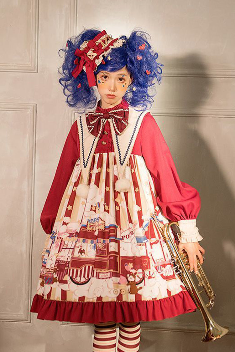Red Lapel Collar Bowknot Lantern Long Sleeved Popcorn Print Sweet Lolita OP Dress - Product - 3