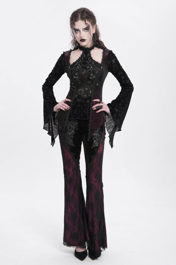 Red Floral Embroidery Stitching Lace Women's Gothic Pants - Product - 5