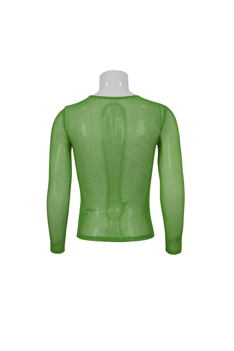 Green Elasticity High Neck Long Sleeve Mesh Men's Gothic T-Shirt - Product - 7