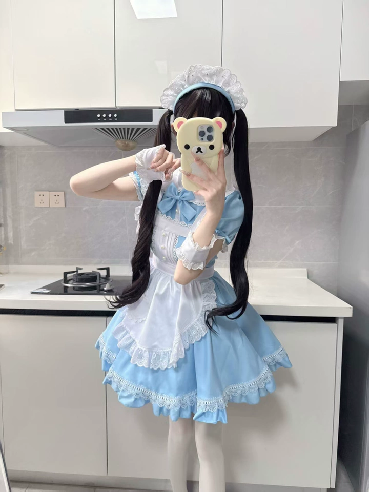 Blue and White Ruffled Maid Lolita Dress with Apron Bow Accent - view 5
