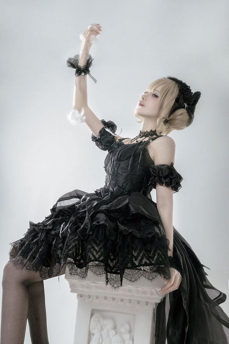 Black [Rose Memoirs] Sleeveless Multi-Layered Bowknot Lace Gothic Lolita Skirt Set - Product - 3