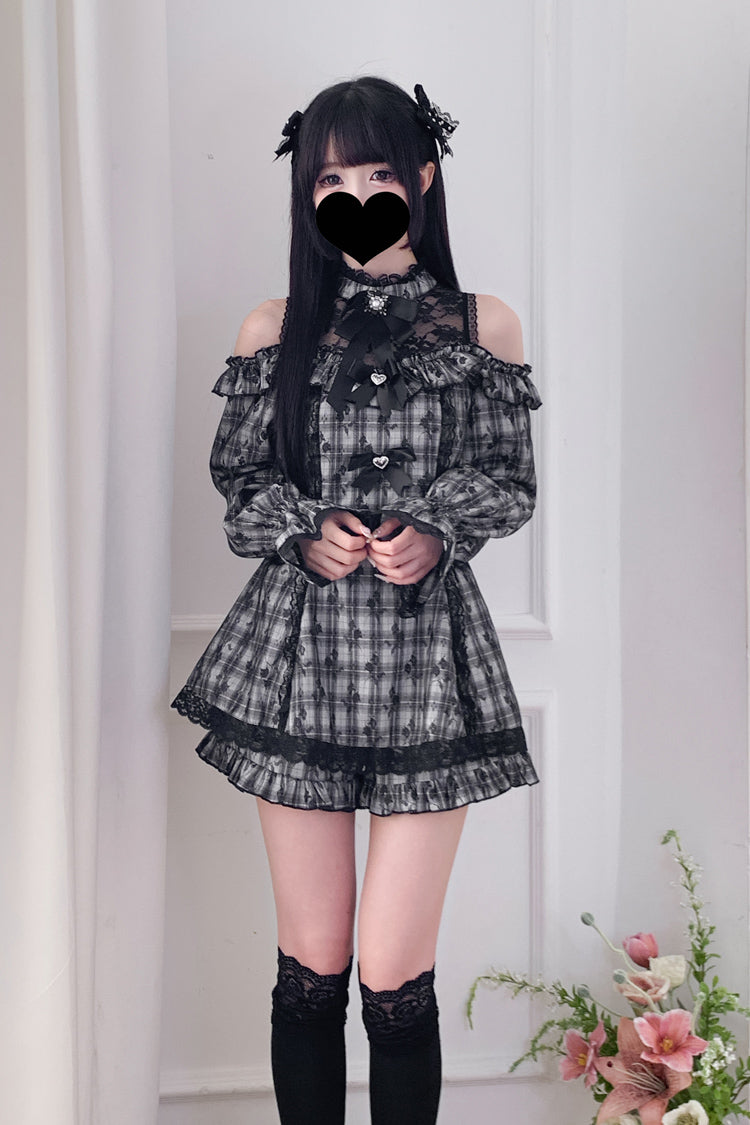 Sweet Off Shoulder Halterneck Long Sleeves Ruffle Bowknot Lace Jirai Kei Dress Shorts Set 4 Colors - Product - 26