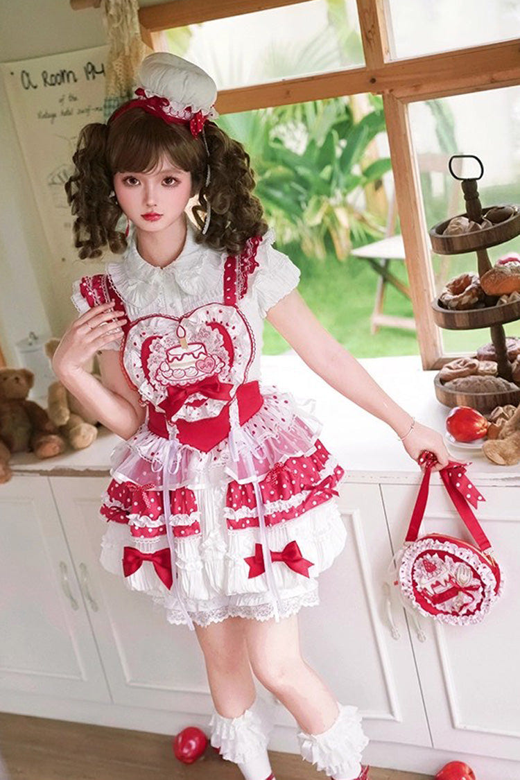 Red/White [Twin Bears] Birthday Cake Sleeveless Print Ruffle Bowknot Lace Sweet Lolita Small Flower Bud Dress - Product - 2