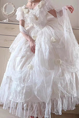 White Tana Manor Rose Flower Long Sleeves Ruffle Bowknot Elegant Sweet Princess Lolita Strapless Dress - Product - 2