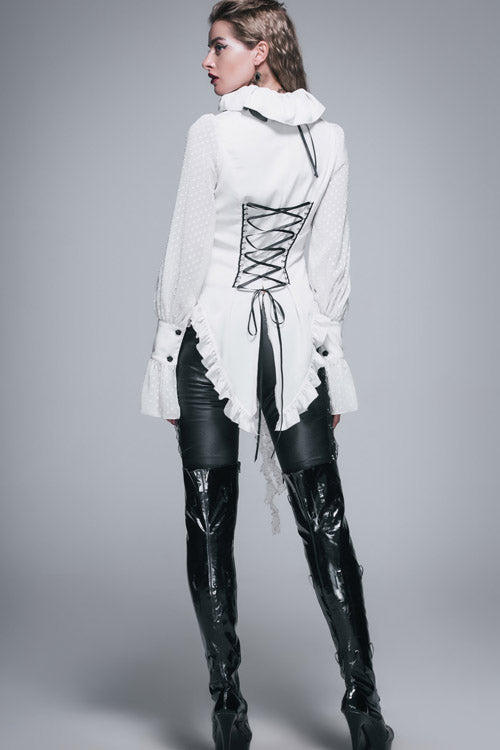 White Lace Up Chiffon Ruffled Dovetail Womens Gothic Blouse - Product - 4