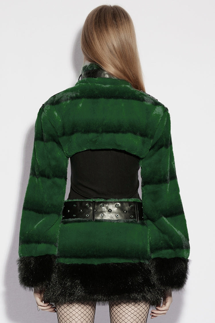 Green Stand Collar Long Sleeves Buckle Straps Faux Fur Women's Punk Short Cloak - Product - 3