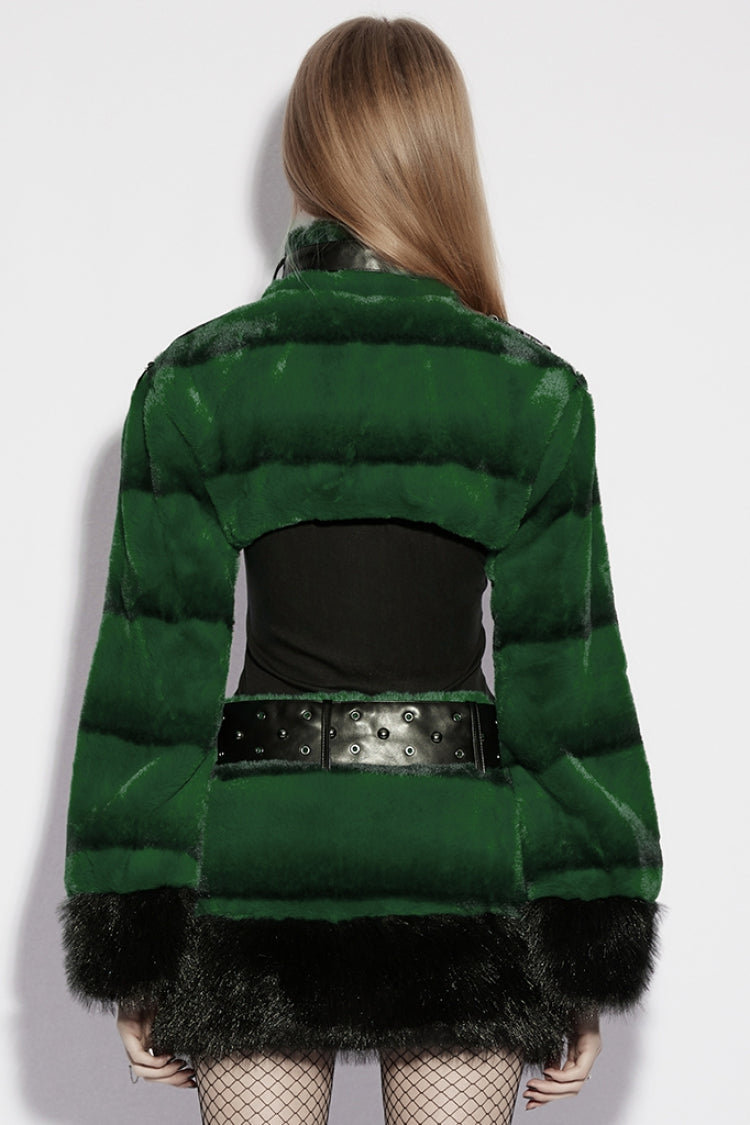 Green Stand Collar Long Sleeves Buckle Straps Faux Fur Women's Punk Short Cloak - Product - 3