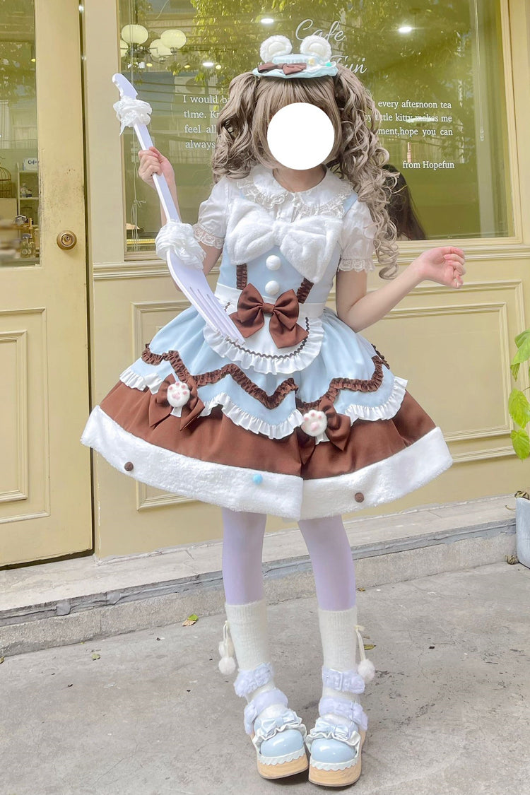 Blue/Brown [Cream Snow Cat] Winter Ruffle Bowknot Sweet Lolita Jsk Dress - Product - 3