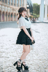 Black/White [Snow Velvet Bunny] Short Sleeves Double-Layered Ruffled Bow Lace Plus Size Japanese Sailor Collar Two-piece Set - Product - 9