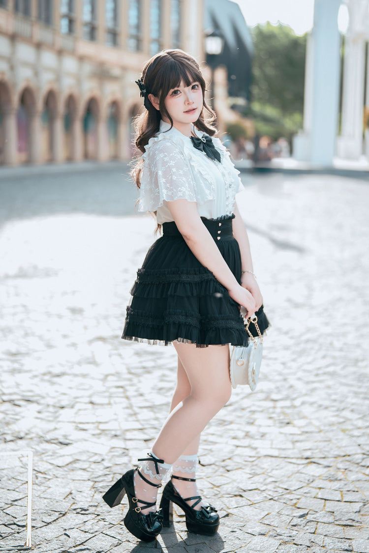 Black/White [Snow Velvet Bunny] Short Sleeves Double-Layered Ruffled Bow Lace Plus Size Japanese Sailor Collar Two-piece Set - Product - 9