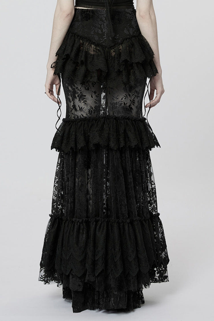 Black Multi-layer Print Ruffle Stitching Lace Sheer Women's Gothic Gorgeous Skirt - Product - 3