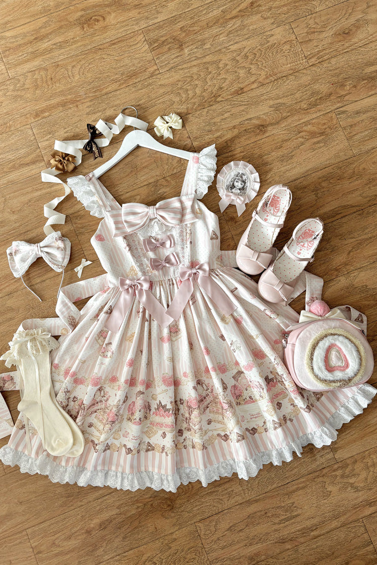 Pink [Strawberry Ice Cream Cheesecake] Square Collar Short Sleeves Printed Ruffled Bow Lace Casual Sweet Lolita Jsk Dress - Product - 5