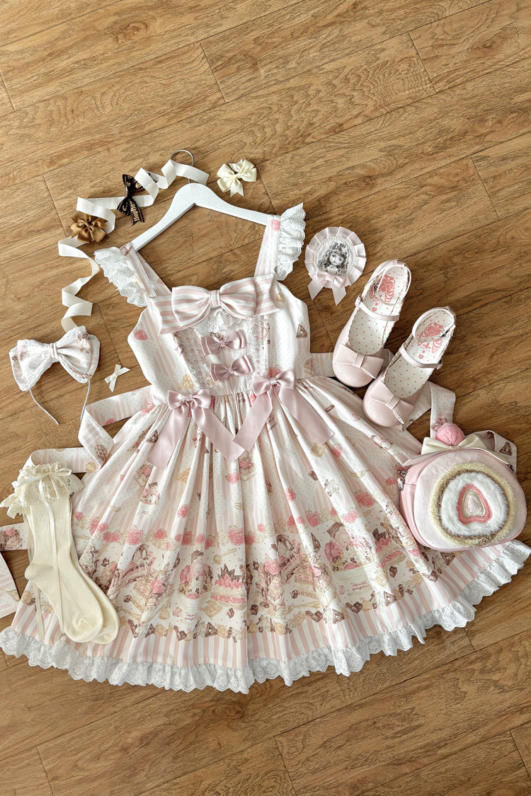 Pink [Strawberry Ice Cream Cheesecake] Square Collar Short Sleeves Printed Ruffled Bow Lace Casual Sweet Lolita Jsk Dress - Product - 5