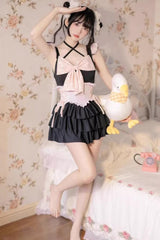 Black/Pink Summer Sweetheart Triple-Layered Ruffled Bow Sweet Lolita Bubble Swimsuit - Product - 9