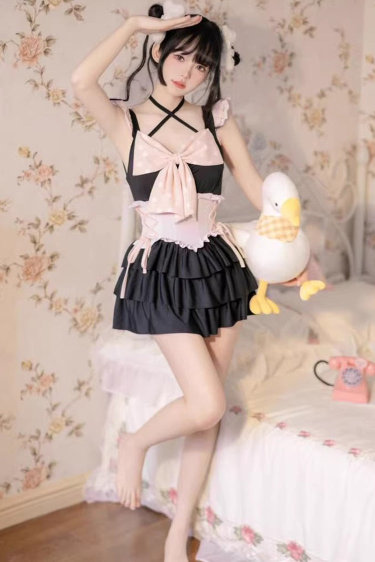 Black/Pink Summer Sweetheart Triple-Layered Ruffled Bow Sweet Lolita Bubble Swimsuit - Product - 9
