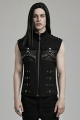 Black Stand Collar Stitching Slim Men's Punk Vest - Black - 1