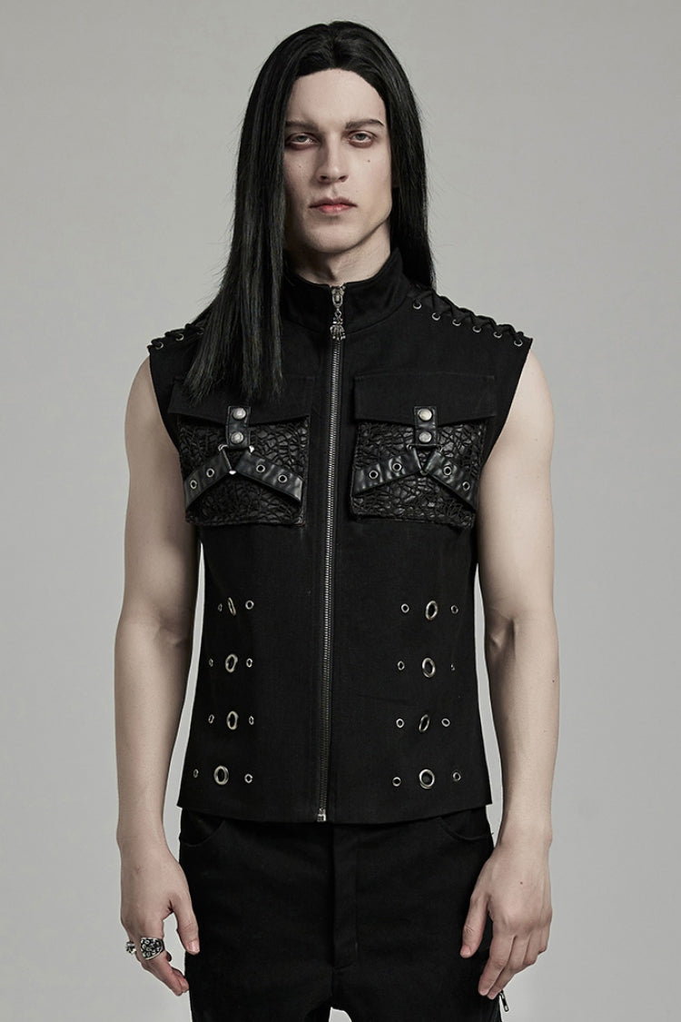 Black Stand Collar Stitching Slim Men's Punk Vest - Black - 1