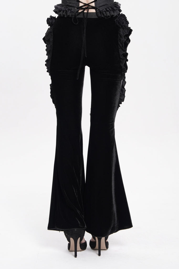 Black Ruffled Spliced Women's Gothic Floral Faux Leather&Velvet Ruffle Pants - Product - 10