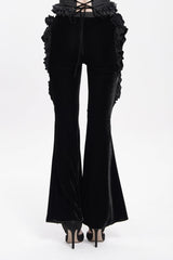 Black Ruffled Spliced Women's Gothic Floral Faux Leather&Velvet Ruffle Pants - Product - 10