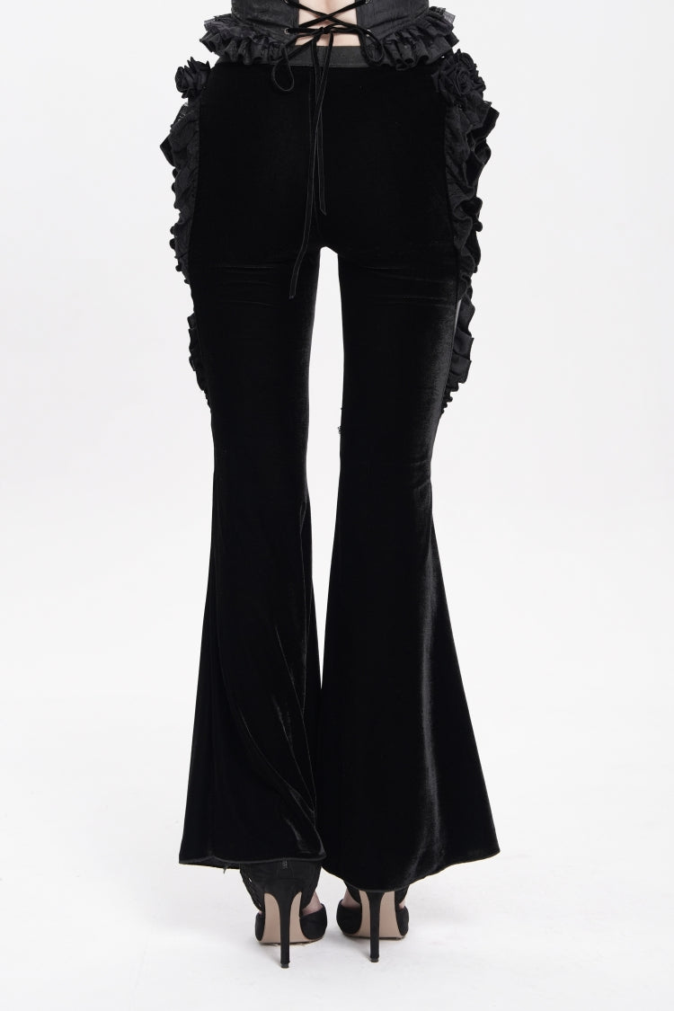 Black Ruffled Spliced Women's Gothic Floral Faux Leather&Velvet Ruffle Pants - Product - 10