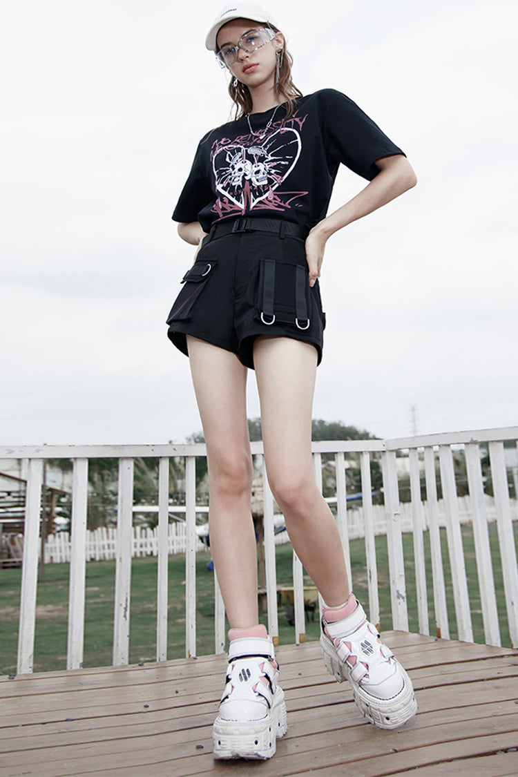 Black Clasp Belt Multi-Level Pocket Pit Ribbon Decoration High Waist Women's Punk Shorts - Product - 4