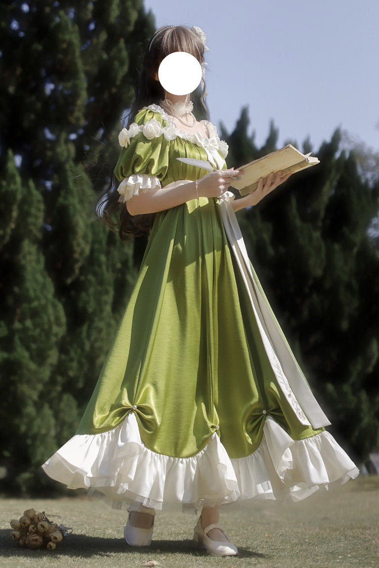 Green Square Collar Short Sleeves Ruffle Bowknot Sweet Regency-Style Vintage (Dress Only) detail view 9