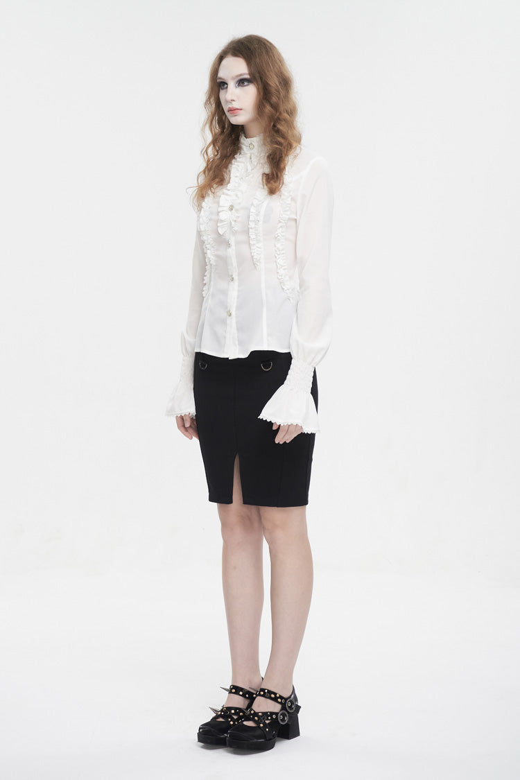 White Stand Collar Ruffled Women's Gothic Shirt - Product - 3