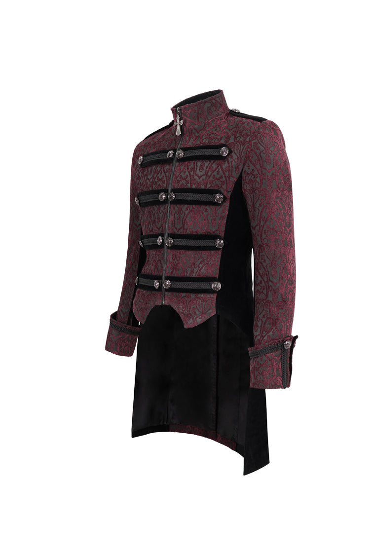Red Silk Stand Collar Printed Metal Breasted Cross Zipper Back Slit Vintage Men's Gothic Jacket - Product - 8