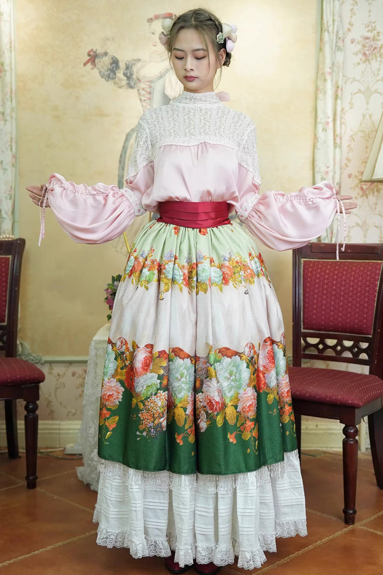 Green [Rainy Season Garden] Print Ruffle Sweet Classic Lolita Skirt - Green - 1