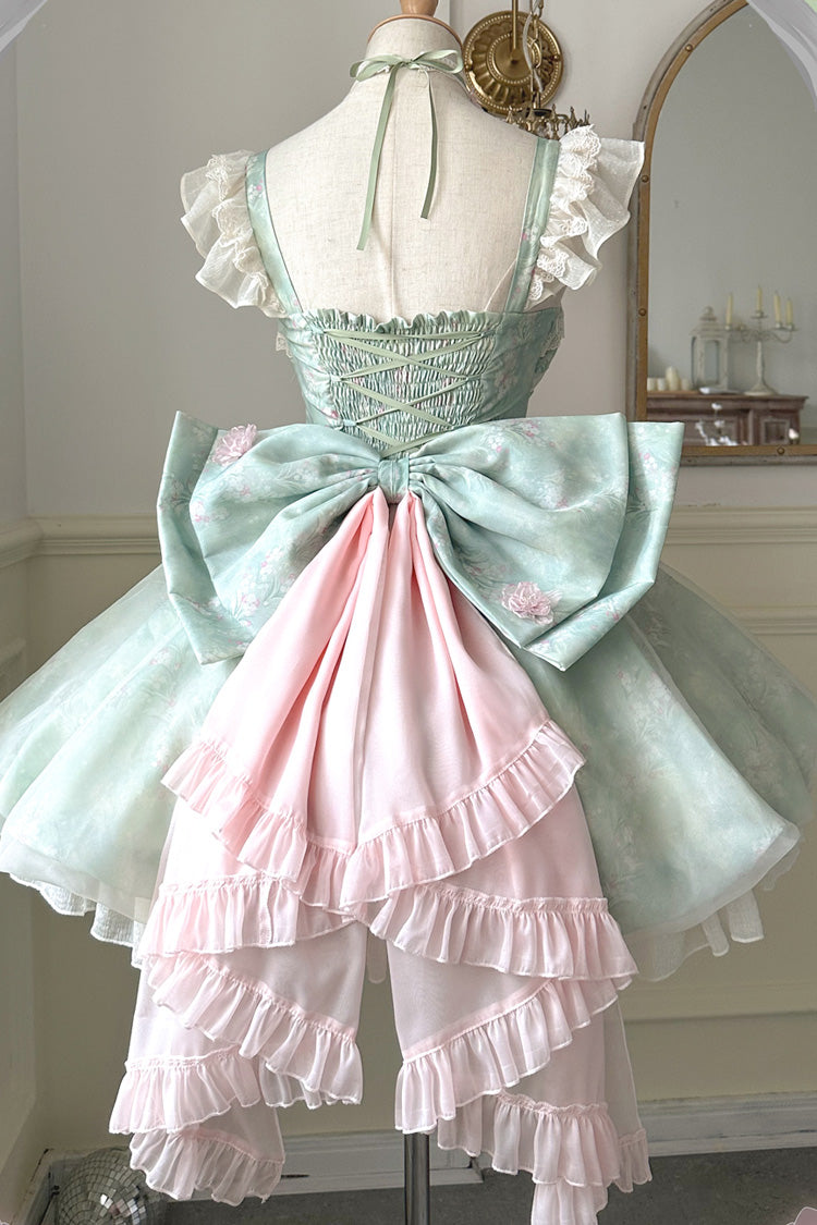 Green Flower Fairy Forest Garden Print Ruffle Bow Lace Sweet Lolita Dress detail view 2