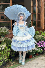 Blue [Falling Sakura] Multi-Layered Ruffled Hanayome Bow Lace Sweet Plus Size Princess Lolita Jsk Dress - Product - 5